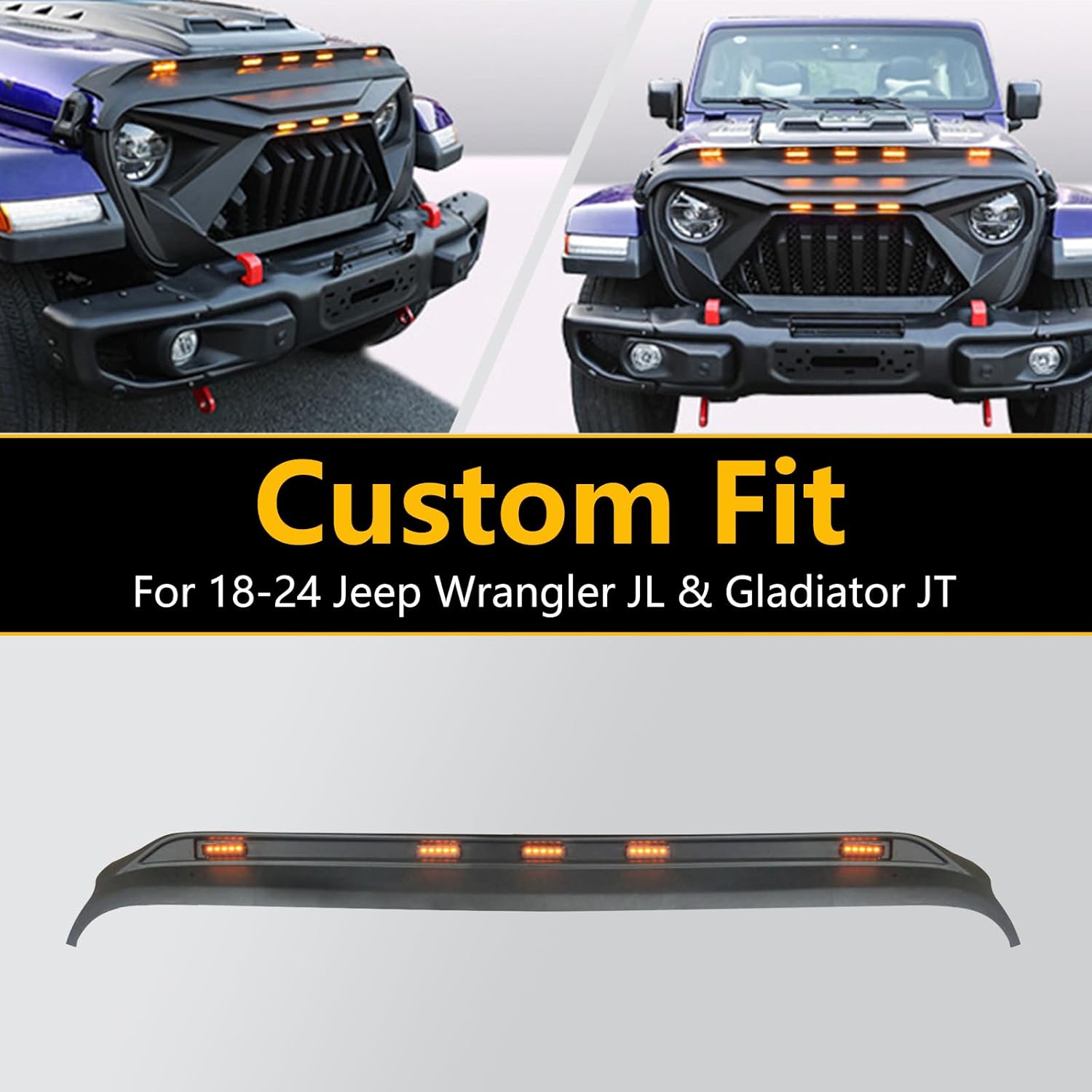 BODY, BRAND, CATEGORY, FANCEMOT, Front Hood Protector Stone Guard with Amber LED Lights Compatible with 2018 2019 2020 2021 2022 2023 2024 Jeep Wrangler JL and Gladiator JT