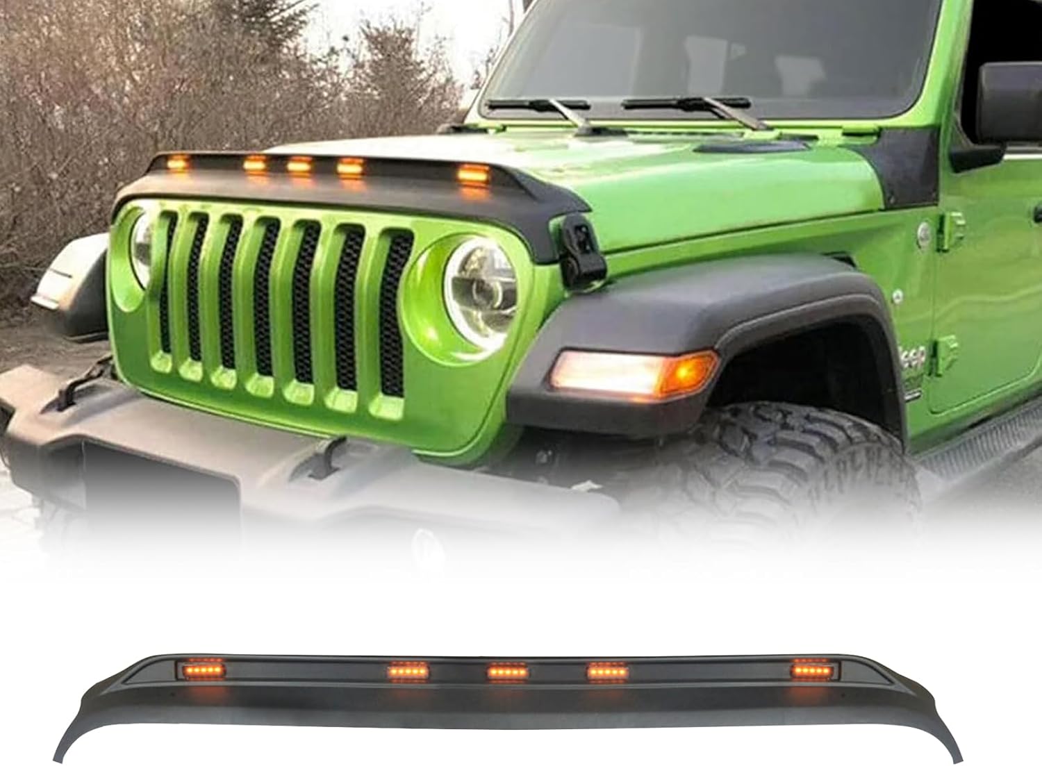 BODY, BRAND, CATEGORY, FANCEMOT, Front Hood Protector Stone Guard with Amber LED Lights Compatible with 2018 2019 2020 2021 2022 2023 2024 Jeep Wrangler JL and Gladiator JT