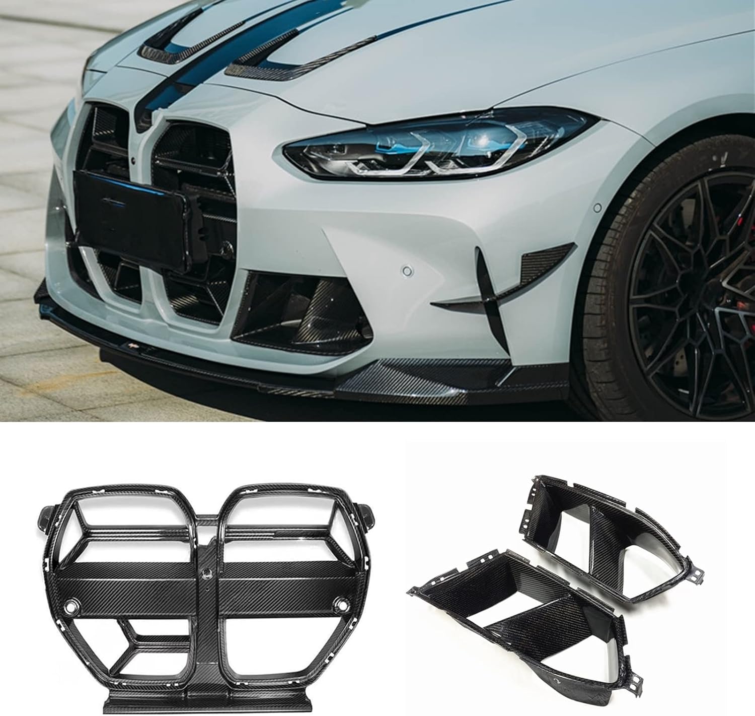 BRAND, CATEGORY, GRILLES, YJHGFJHG, Front Kidney Grill Grille Upper Hood Frame Grid & Side Air Vent Trim Fog Light Cover Compatible For BMW G80 M3 G82 G83 M4 2021-2023