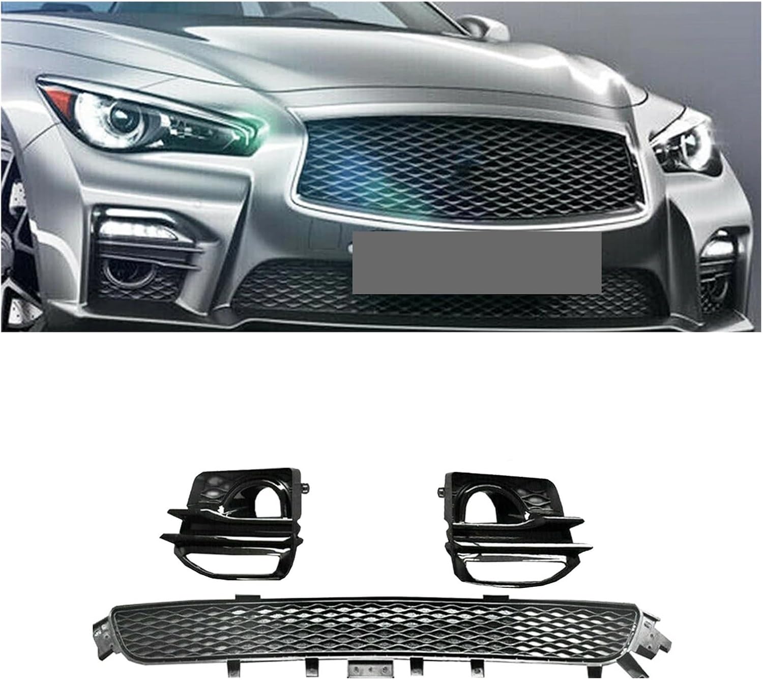 BRAND, CATEGORY, GRILLES, YTTGHGHF, Front Lower Grill & Fog Light Lamp Cover Bumper Hood Air Vent Frame Grille Auto Kit Compatible For Infiniti Q50 2014-2017 M Sport