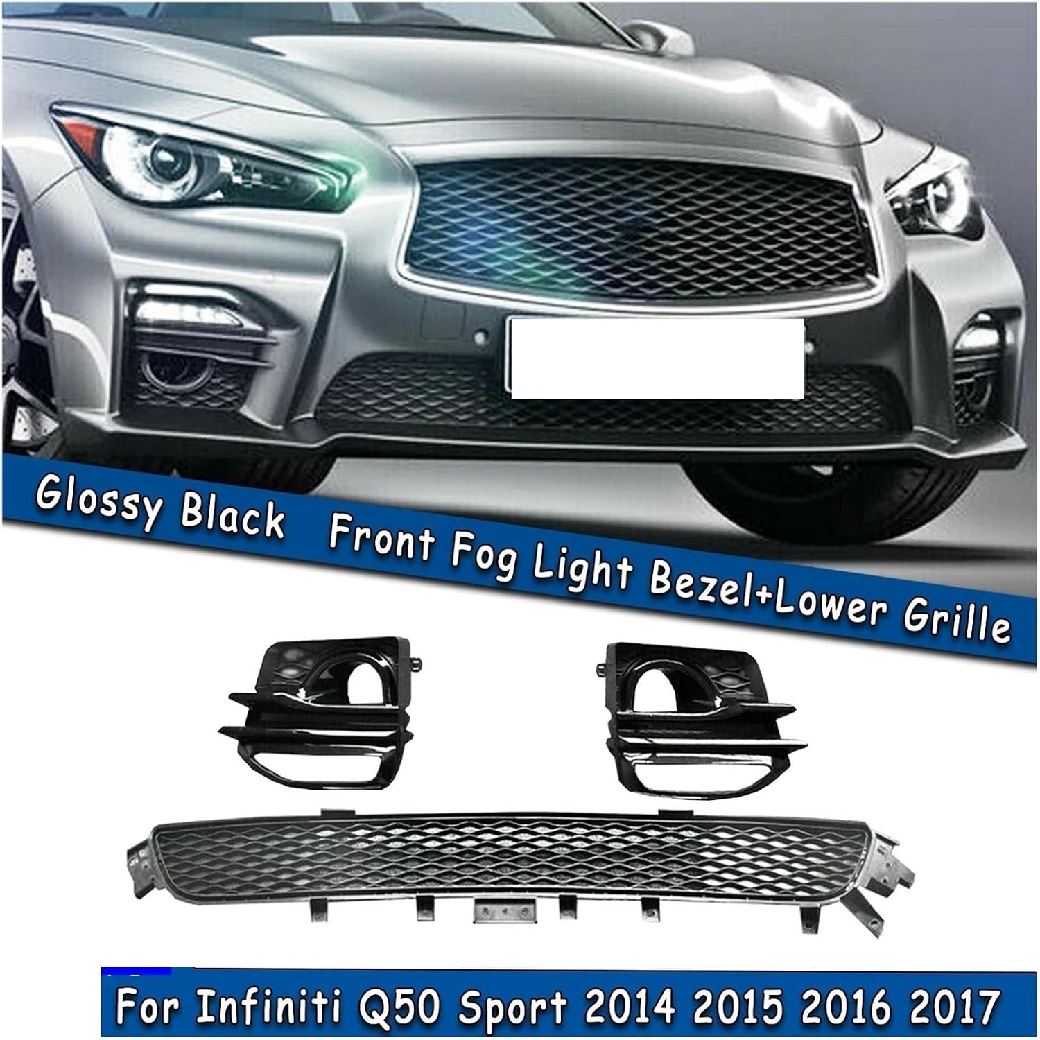 BRAND, CATEGORY, GRILLES, RRXNUPFB, Front Lower Grill & Fog Light Lamp Cover Bumper Hood Air Vent Frame Grille Auto Kit ，Compatible For Infiniti Q50 2014-2017 M Sport