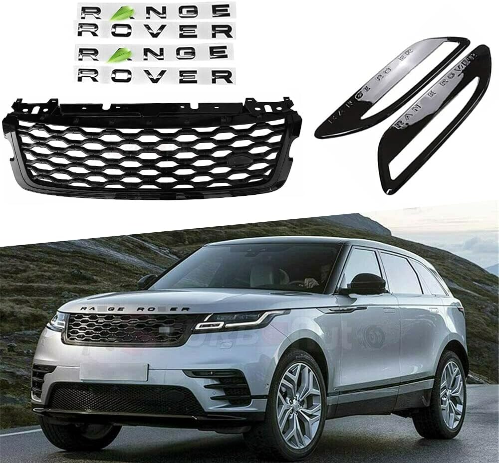 BRAND, CATEGORY, GRILLES, URP, Front Side Hood Grille Mesh Bar Vent Letter Sticker Fits for Range Rover Velar 2018-2023