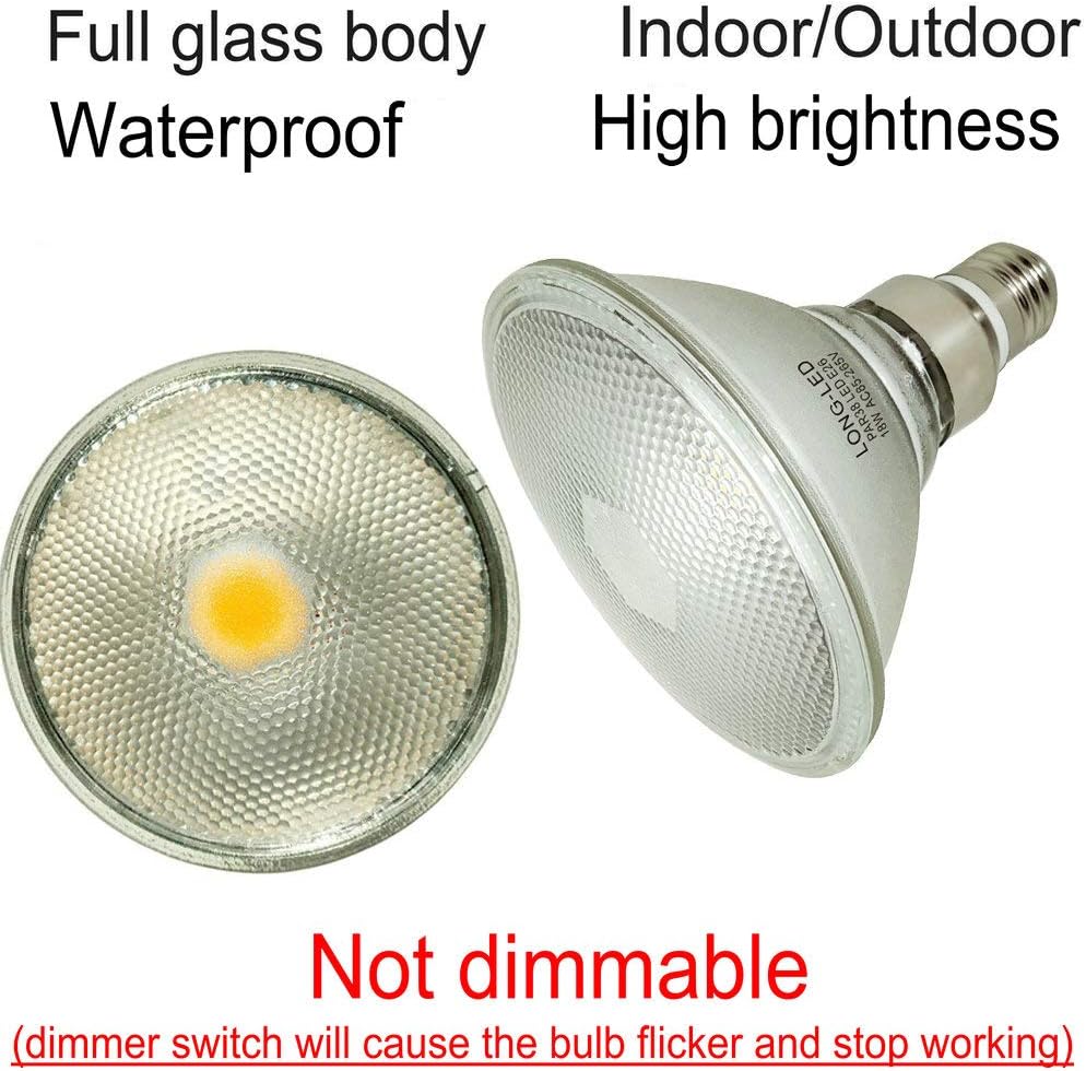 BRAND, CATEGORY, LED BULBS, LONG-LED, Glass Reflector PAR38 LED Bulb,Warm White,Indoor/Outdoor Flood Light,Waterproof,4-Pack,18W=70W-150W Halogen Equivalent,PAR38 LED Soft White Light 2700K-3000K,E26,120V,No-dimmable.