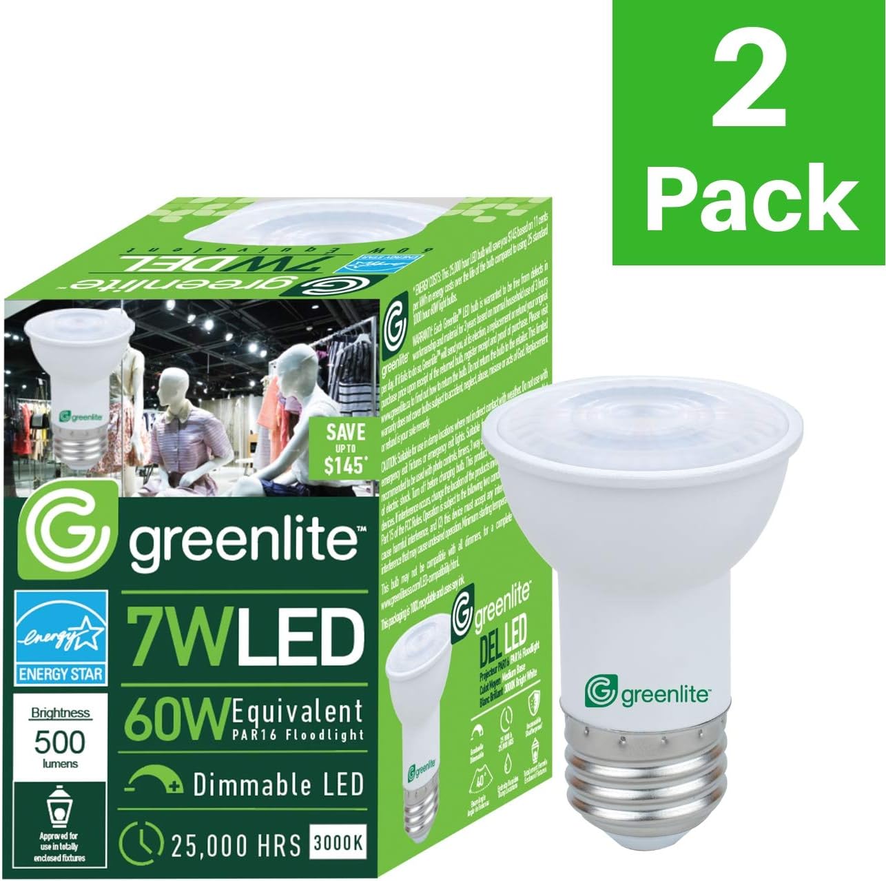 BRAND, CATEGORY, GREENLITE, LED BULBS, Greenlite LED PAR16 Dimmable Flood Light Bulb, 7W (60W Equivalent), 500 Lumens, 3000k Bright White, Indoor/Outdoor, 120V, Energy Star, (2 Pack)