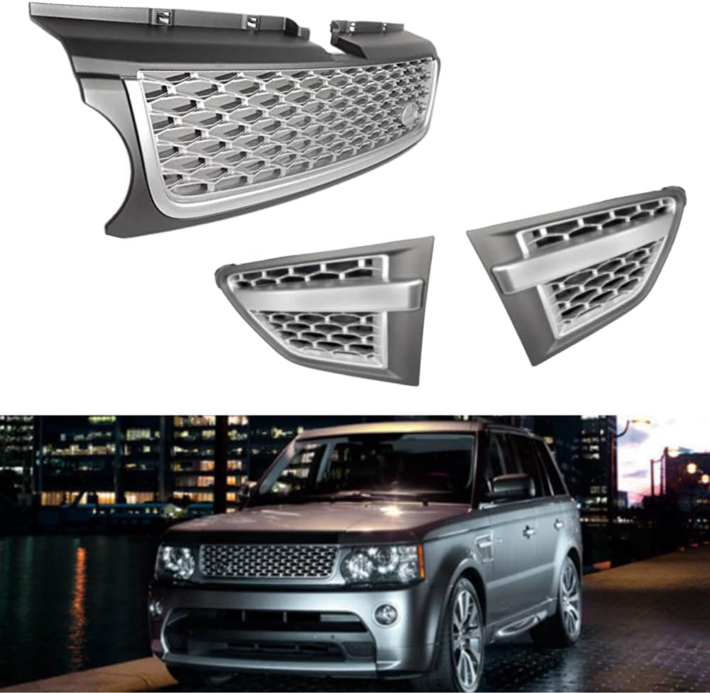 BRAND, CATEGORY, GRILLES, TOPIZONE, Grille Front Hood Silver Grill With Side Fender Vent Silver Fit For Land Rover Range Rover Sport 2010 2011 2012