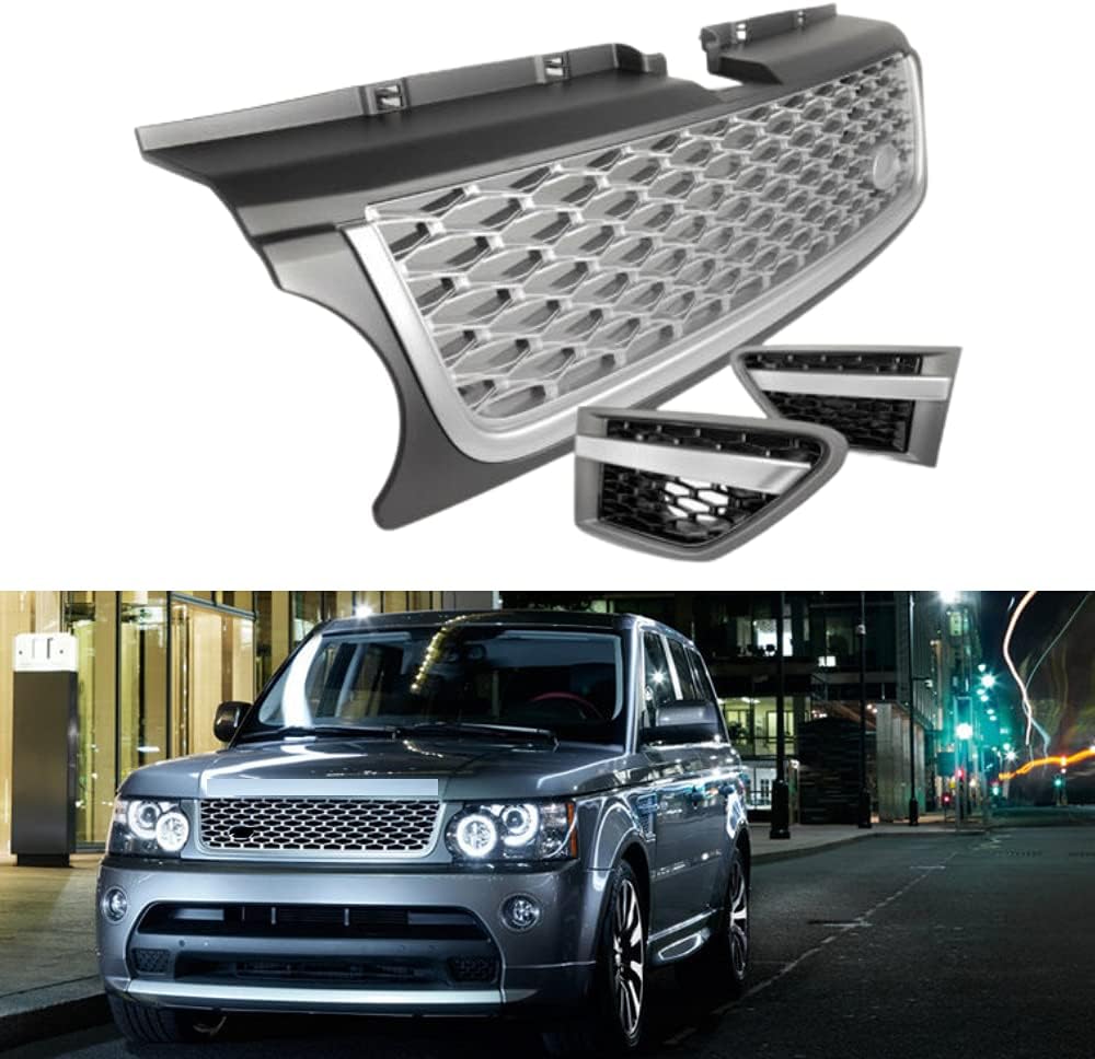 BRAND, CATEGORY, GRILLES, TOPIZONE, Grille Grill Front Hood Silver With Side Fender Grey Vent Set Fit For Land Rover Range Rover Sport 2010 2011 2012