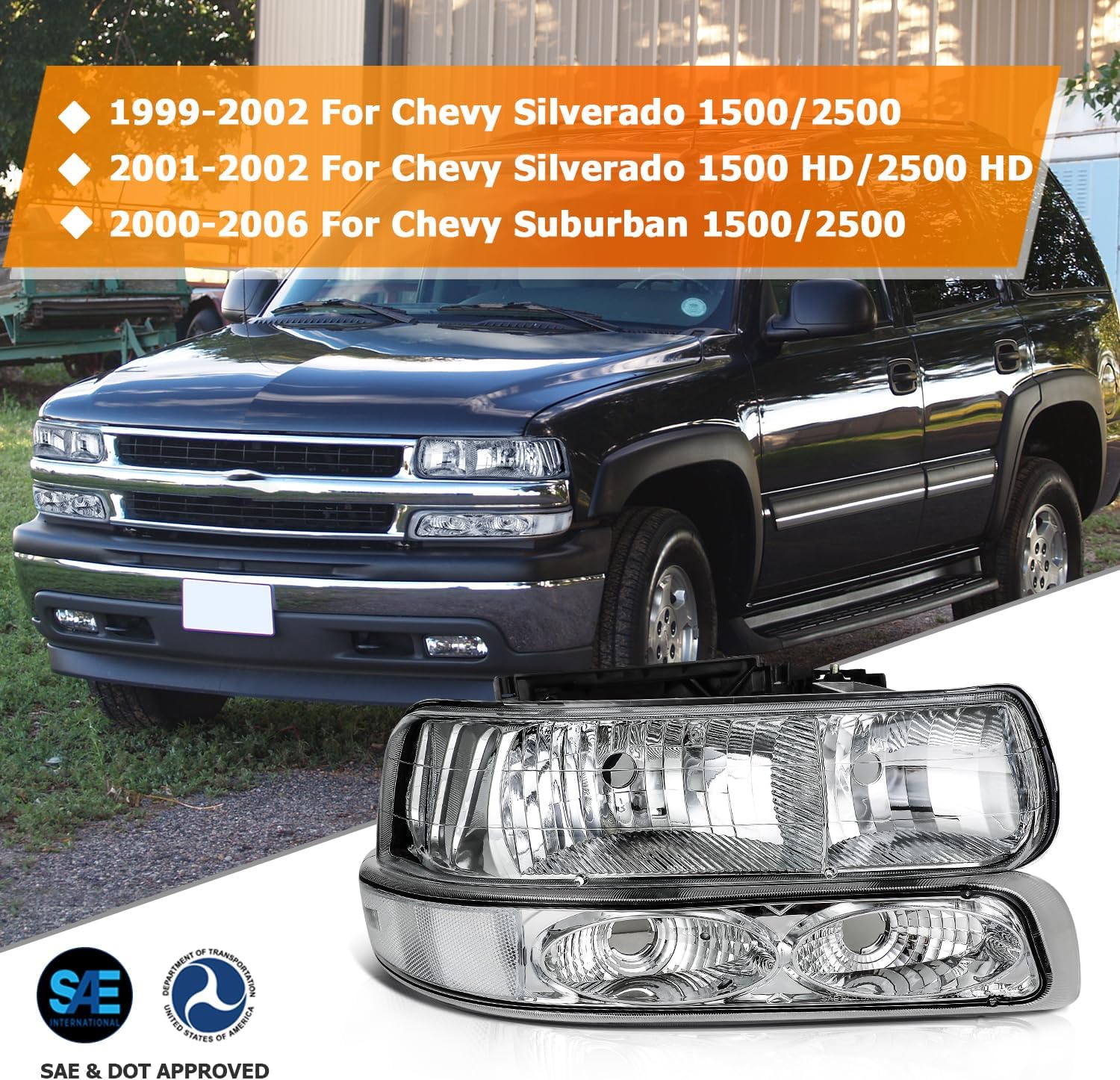 BRAND, CATEGORY, HEADLIGHT ASSEMBLIES, LBRST, Headlight Assembly Fit for Chevrolet Silverado 1500 1999-2002 for Silverado 1500 HD 2001-2002 for Silverado 2500 1999-2002 Chrome Housing Clear Reflector GM2521173 GM2520173 GM2503187 GM2502187