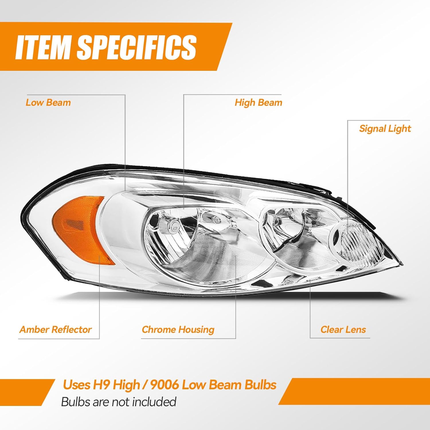 BRAND, CATEGORY, CXDAR, HEADLIGHT ASSEMBLIES, Headlights for 2006-2013 Chevy Impala, LED Headlight Assembly Headlamps for 14-16 Impala Limited, Clear Lens Amber Reflector