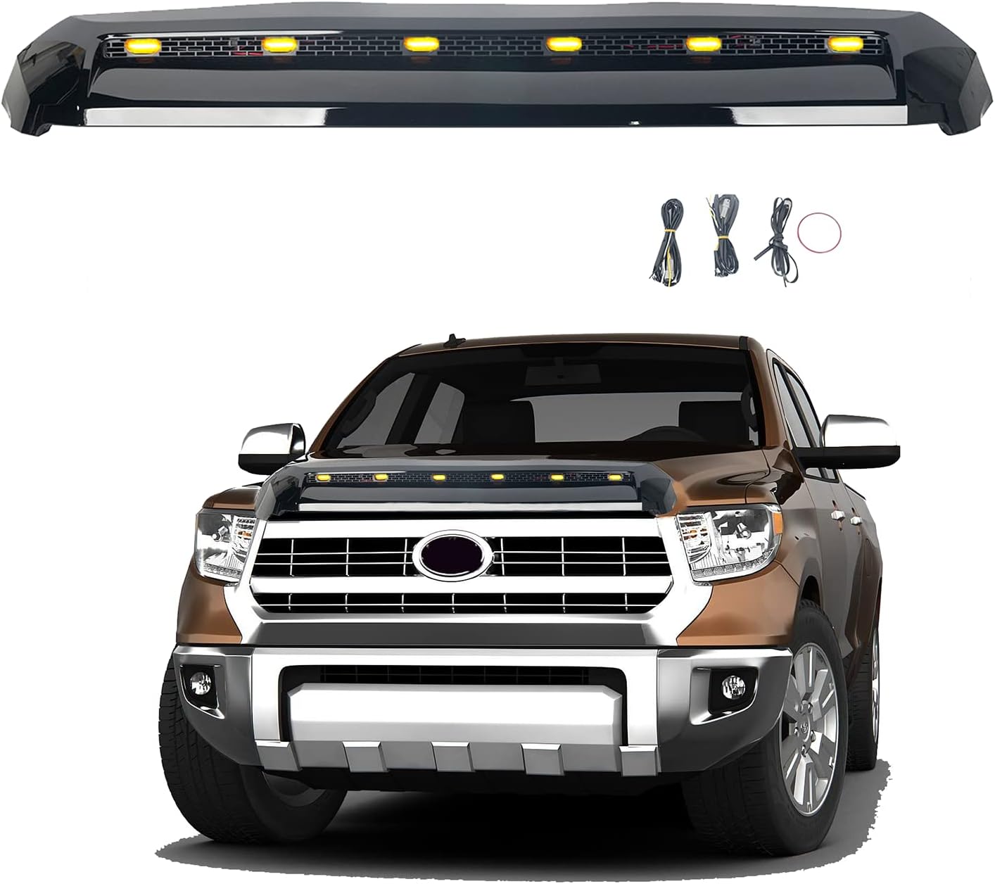 BRAND, CATEGORY, GRILLES, PARTZER, Hood Scoop with Small Light Front Upper Grille Hood Bulge Molding Compatible with 2014-2021 Toyota Tundra Replacement for 761800C030 TO1231102 (Gloss Black with Small Lights)