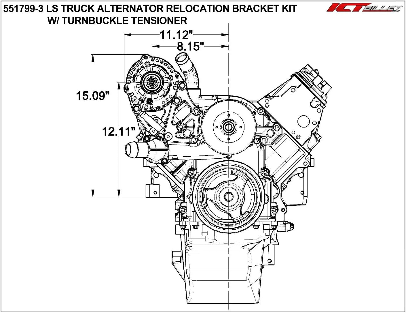 BRACKETS, BRAND, CATEGORY, ICT BILLET, ICT Billet LS Truck Passenger side Alternator Relocation Bracket w/Turnbuckle Tensioner Compatible with Gen 3, LS3 Water Pumps Designed & Manufactured in the USA 551799-3