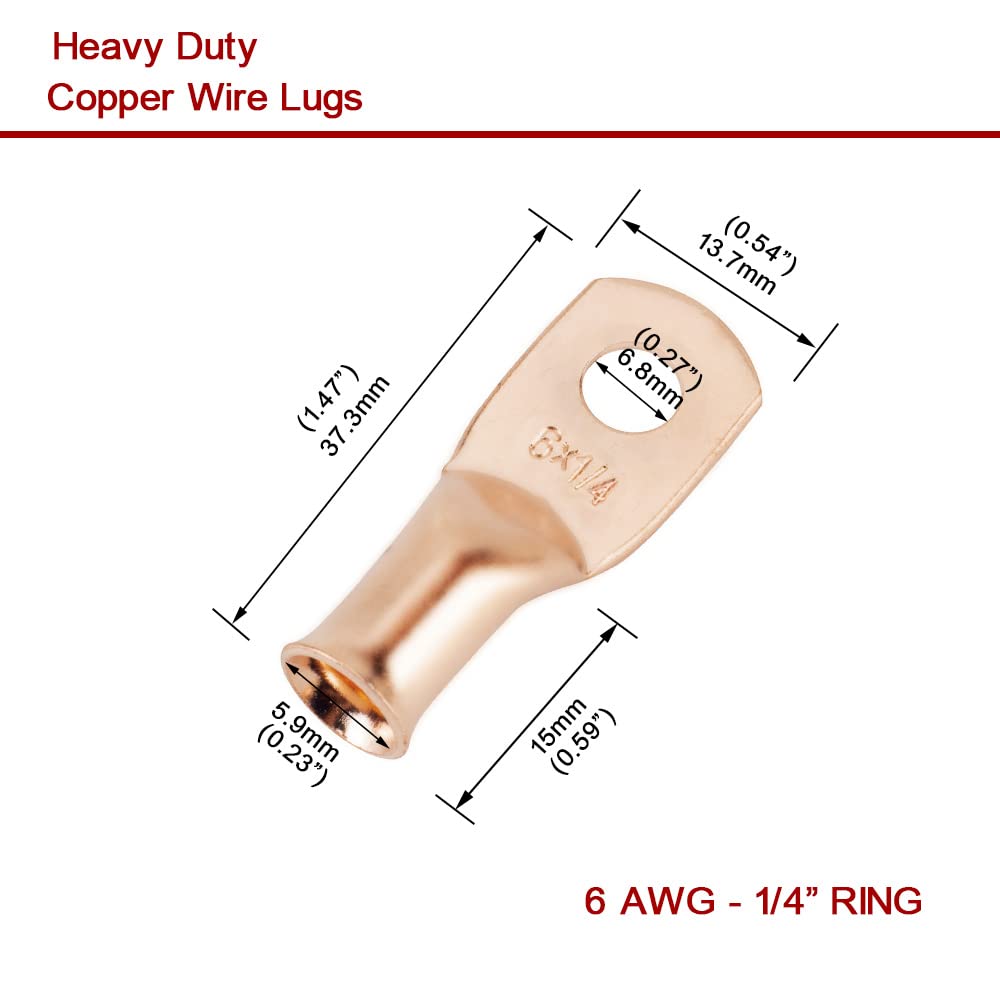 BRAND, CATEGORY, GENERIC, RING, JOYPXF 6 AWG 1/4" Stud (10 pcs.) Battery Ring Terminal 6 Gauge Connectors 6 awg connectors Copper Wire Lugs Copper Ring Terminals Battery Cable Ends Bare Copper Eyelets Tubular Ring Terminal