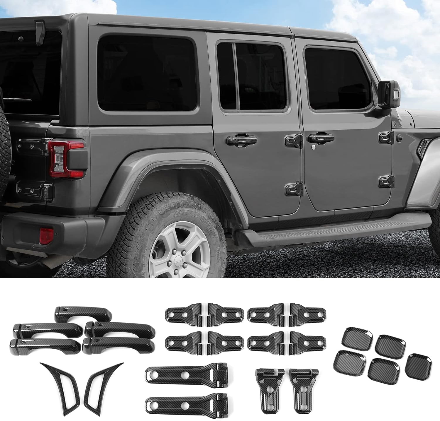 BRAND, CATEGORY, EXTERIOR DOOR HANDLES, JECAR, JeCar Exterior Trim Kits Door & Hood Hinge Covers Door Handle Side Vent Tailgate Hinge Trim Covers Exterior Accessories Compatible with Jeep Wrangler JL JLU 2018-2023 2/4 Doors, Carbon Fiber Finish