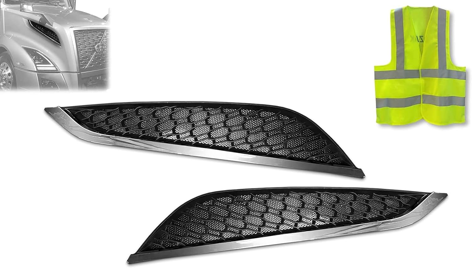 BRAND, CATEGORY, GRILLES, KOZAK, KOZAK Air Hood Vents Grille Set compatible with Volvo VNL 2018 2019 2020 (Driver Left and Passenger Right Side) PLUS Logo Emblem and KOZAK Vest