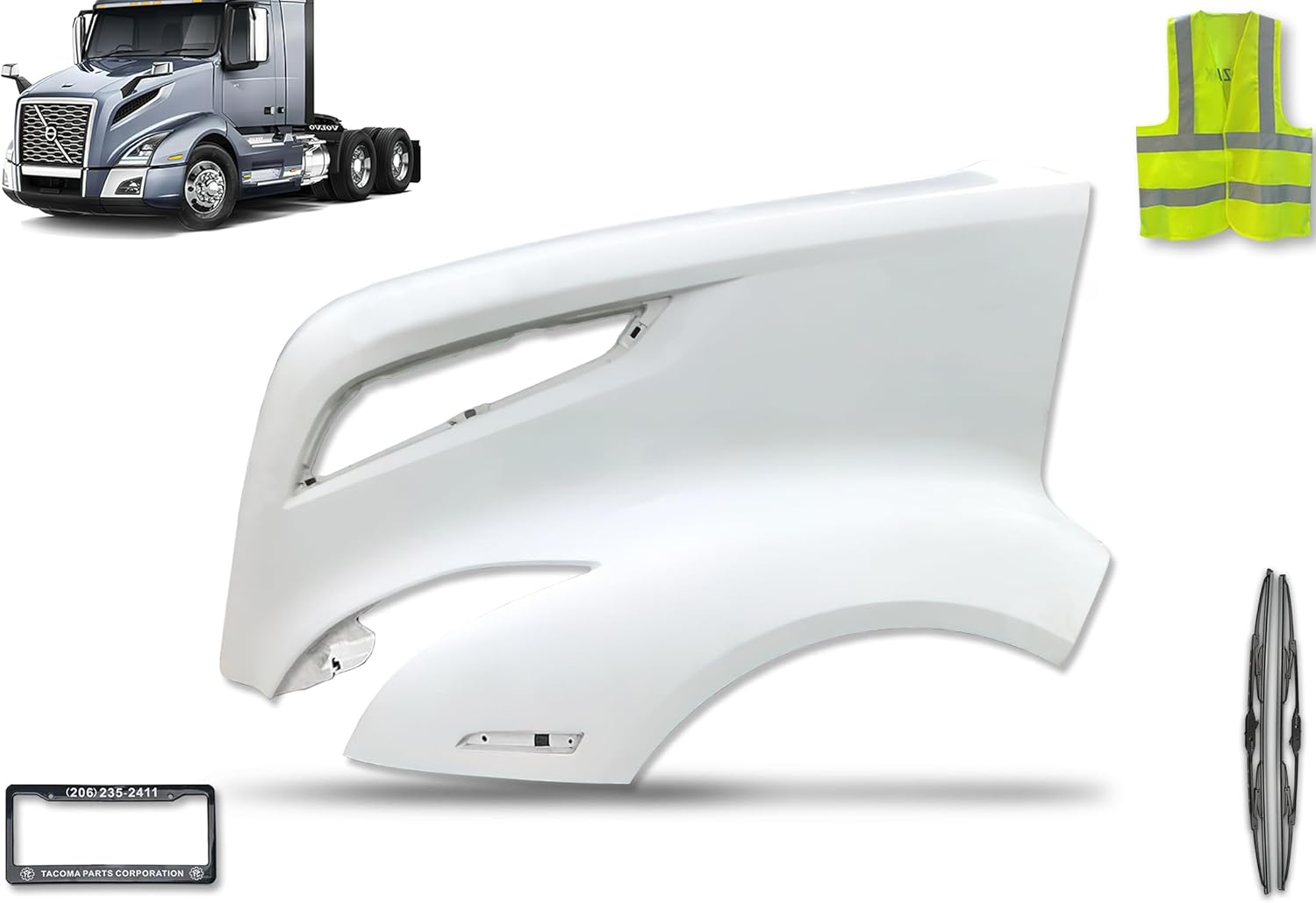 BRAND, CATEGORY, FENDERS, KOZAK, KOZAK Fiberglass Hood Fender Left Driver Side compatible with Volvo VNL 2018 2019 2020 PLUS Logo, 2X 22 Windshield Wipers, License Plate Frame and Vest