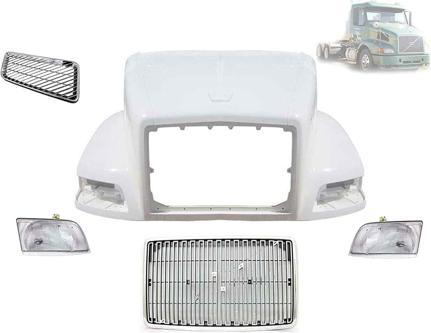 BRAND, CATEGORY, HOODS, LONGROADACCESS, KOZAK Fiberglass Long Hood Shell Compatible with Volvo VNL Gen I 1998-2003 with Volvo Grille, Chrome Hood Side Vent and Headlights PLUS 2x Wipers and KOZAK Vest