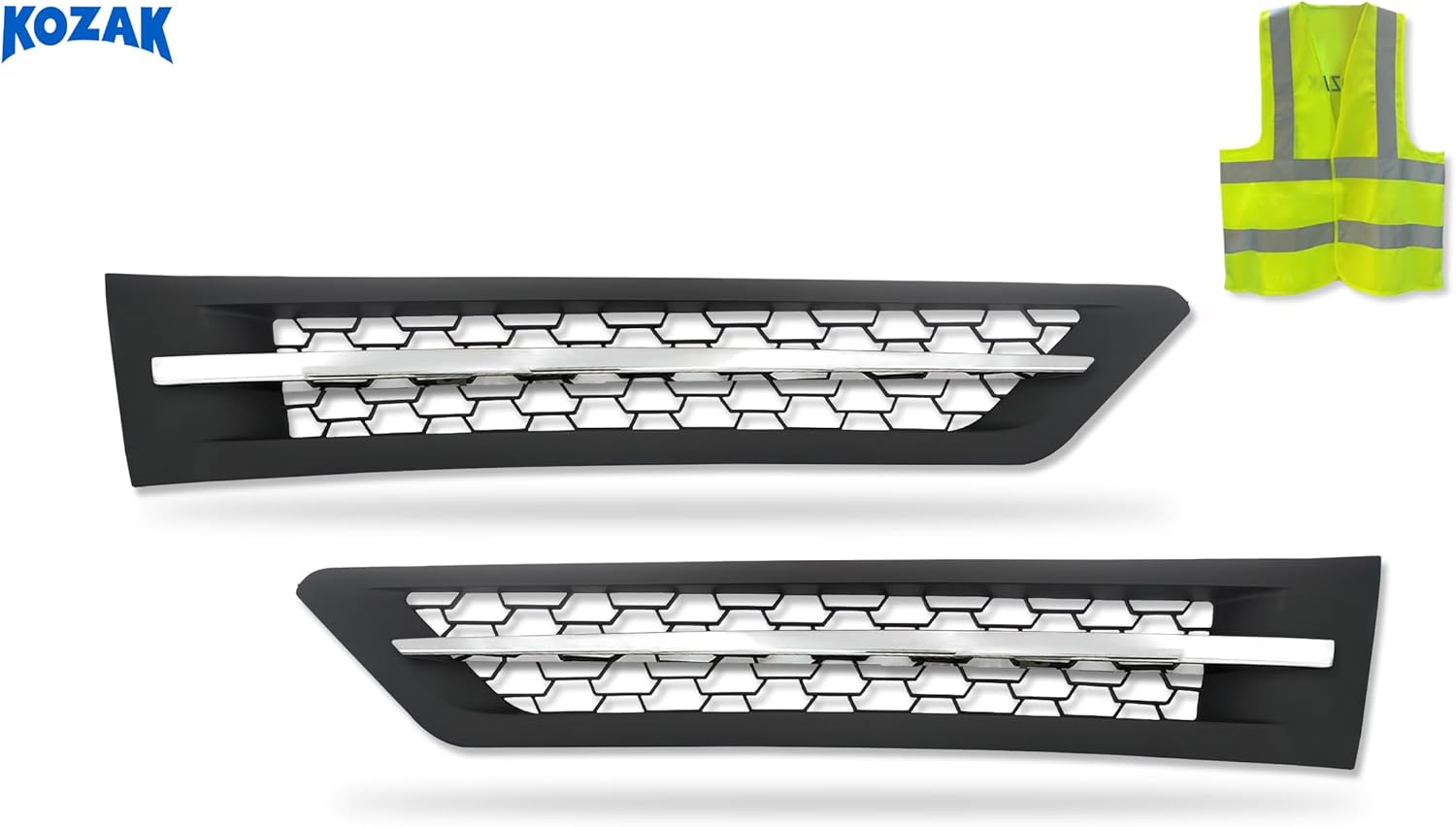 BRAND, CATEGORY, FREIGHTLINER AFTERMARKET, HOODS, KOZAK Side Hood Vent Black with Chrome Stripe (Left Driver and Right Passenger Side) New Freightliner Cascadia 2018 and Newer PLUS KOZAK Reflective Vest