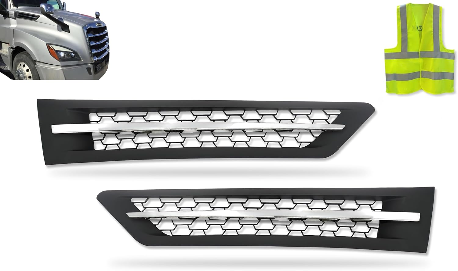 BRAND, CATEGORY, FREIGHTLINER AFTERMARKET, HOODS, KOZAK Side Hood Vent Black with Chrome Stripe (Left Driver and Right Passenger Side) New Freightliner Cascadia 2018 and Newer PLUS KOZAK Reflective Vest