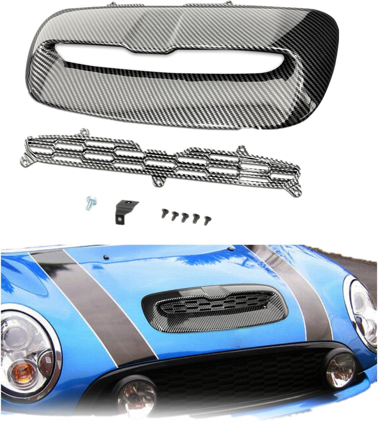 BRAND, CATEGORY, HOOD SCOOPS, KUAFU, KUAFU Hood Scoop Compatible with 2007 2008 2009 2010 2011 2012 2013 2014 Mini Cooper S R55 R56 R57 R58 R59 Carbon Fiber Printing Air Intake Vent