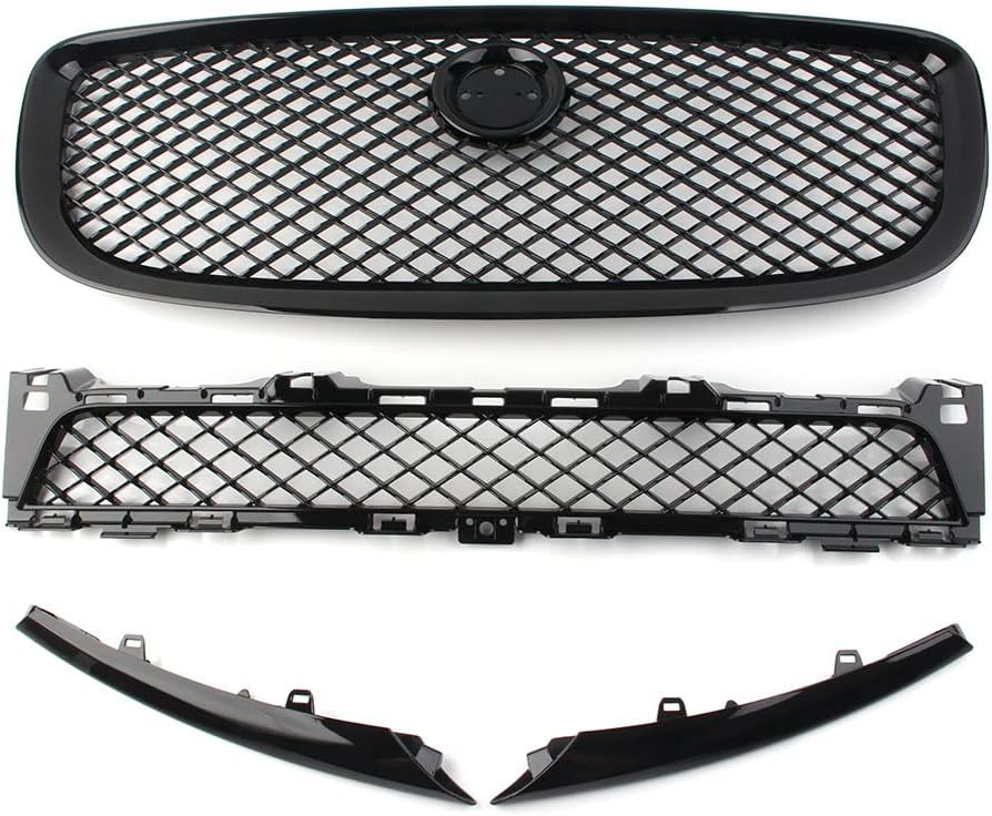 BRAND, CATEGORY, GRILLES, THREE T, Lirun 4 Pcs Gloss Black Mesh Front Upper Bumper Hood Grill Grille + Lower Vent Cover Conversion Replacement For Jaguar XJ 2010 2011 2012 2013 2014 2015