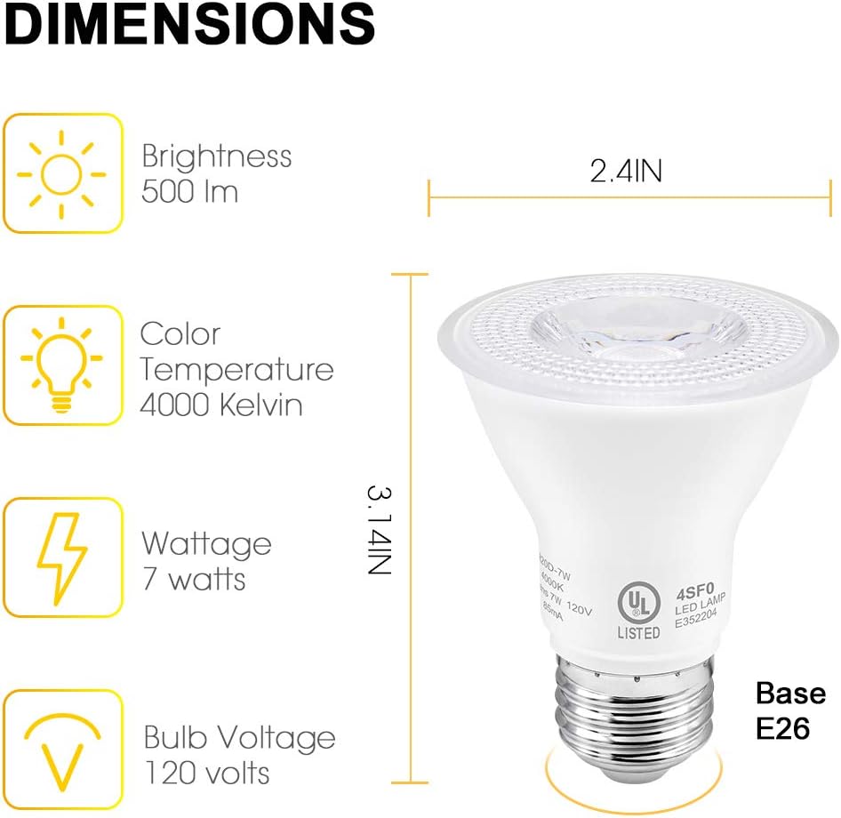 BRAND, CATEGORY, LED BULBS, LEDLIGHTSWORLD, PAR20 LED Bulbs UL Listed, Dimmable Light Bulb, 7 Watt(60W Equivalent) Spotlight, E26 Base, 2700K Warm White Flood Light Bulbs for Living Room Kitchen Pantry Hotels Showroom, Indoor/Outdoor (6 Pack)