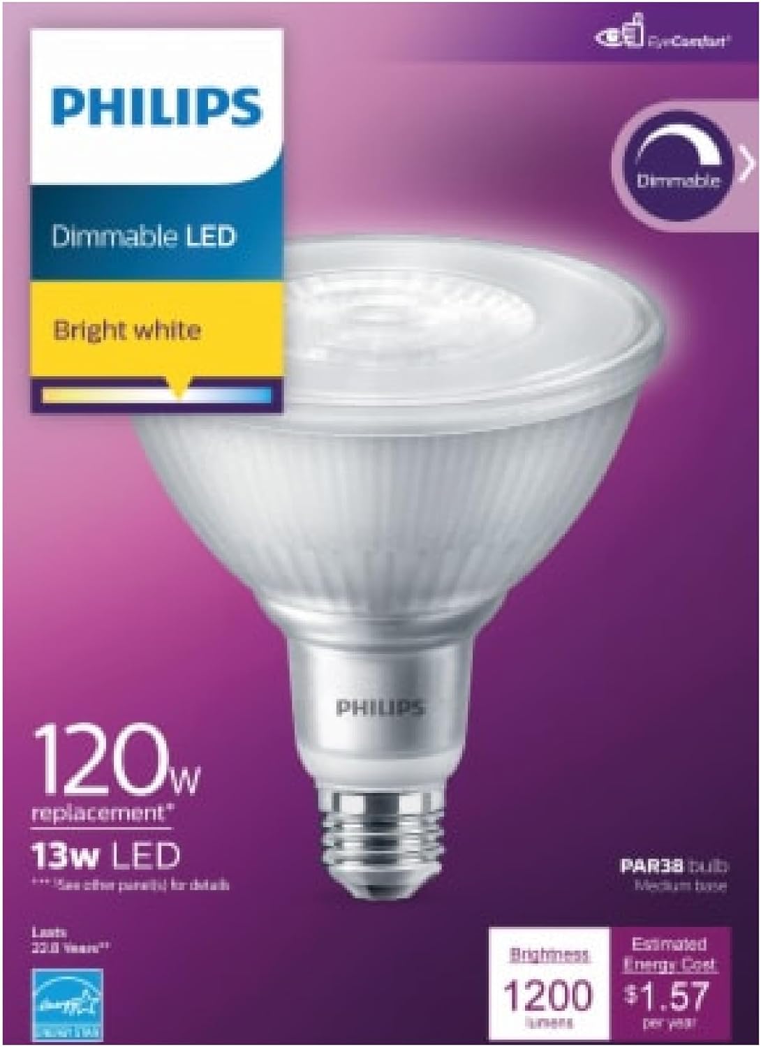 BRAND, CATEGORY, LED BULBS, PHILIPS, PHILIPS LED Dimmable PAR38 Light Bulb - EyeComfort Flicker Free - 13W = 120W - 900 Lumen - Bright White (3000K) - E26 Base - Outdoor - Title 20