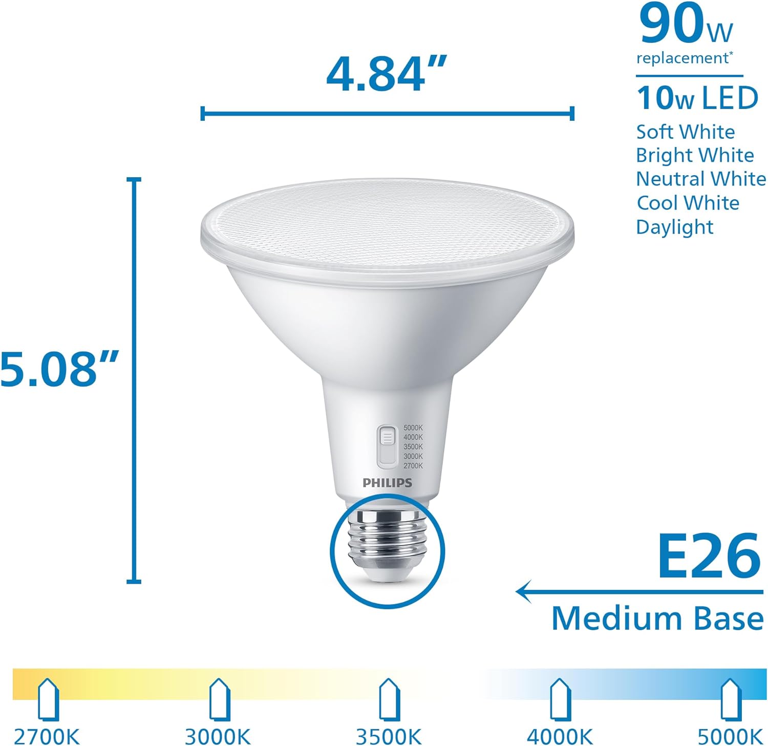 BRAND, CATEGORY, LED BULBS, PHILIPS, PHILIPS PAR38 Dimmable LED Spotlight Bulbs - Flicker-Free Light Bulb with EyeComfort Technology - Selectable White - E26 Base - 4 Pack