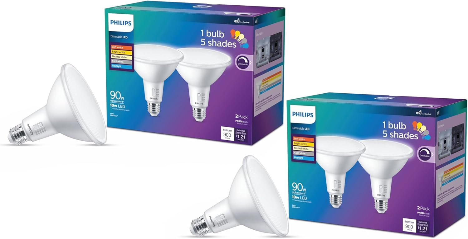 BRAND, CATEGORY, LED BULBS, PHILIPS, PHILIPS PAR38 Dimmable LED Spotlight Bulbs - Flicker-Free Light Bulb with EyeComfort Technology - Selectable White - E26 Base - 4 Pack