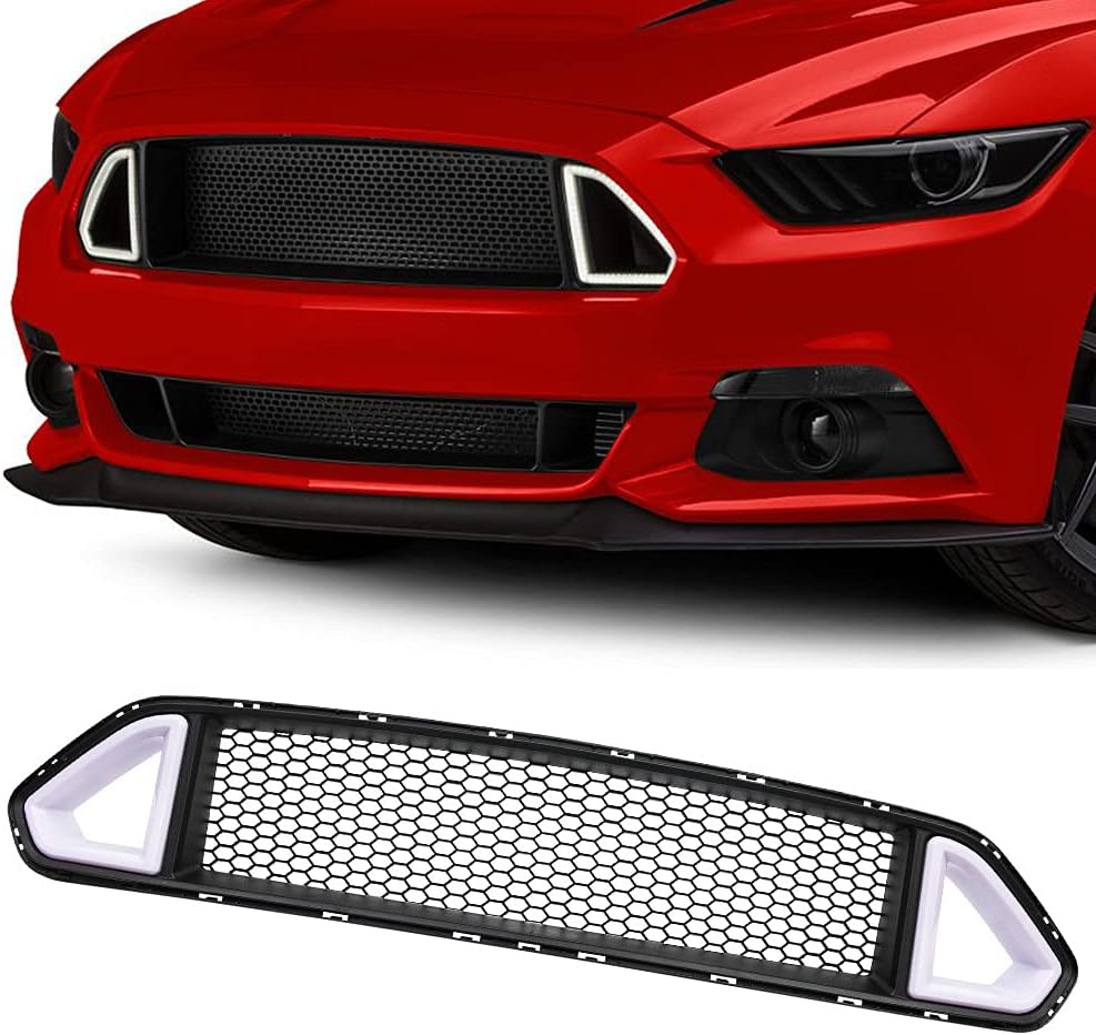 BRAND, CATEGORY, GRILLES, PIT66, PIT66 Front Bumper Upper Grille with DRL LED Accent Vent Lights, Compatible with 2013-2014 Ford Mustang Honeycomb Mesh (Except Shelby Models) Hood Grill