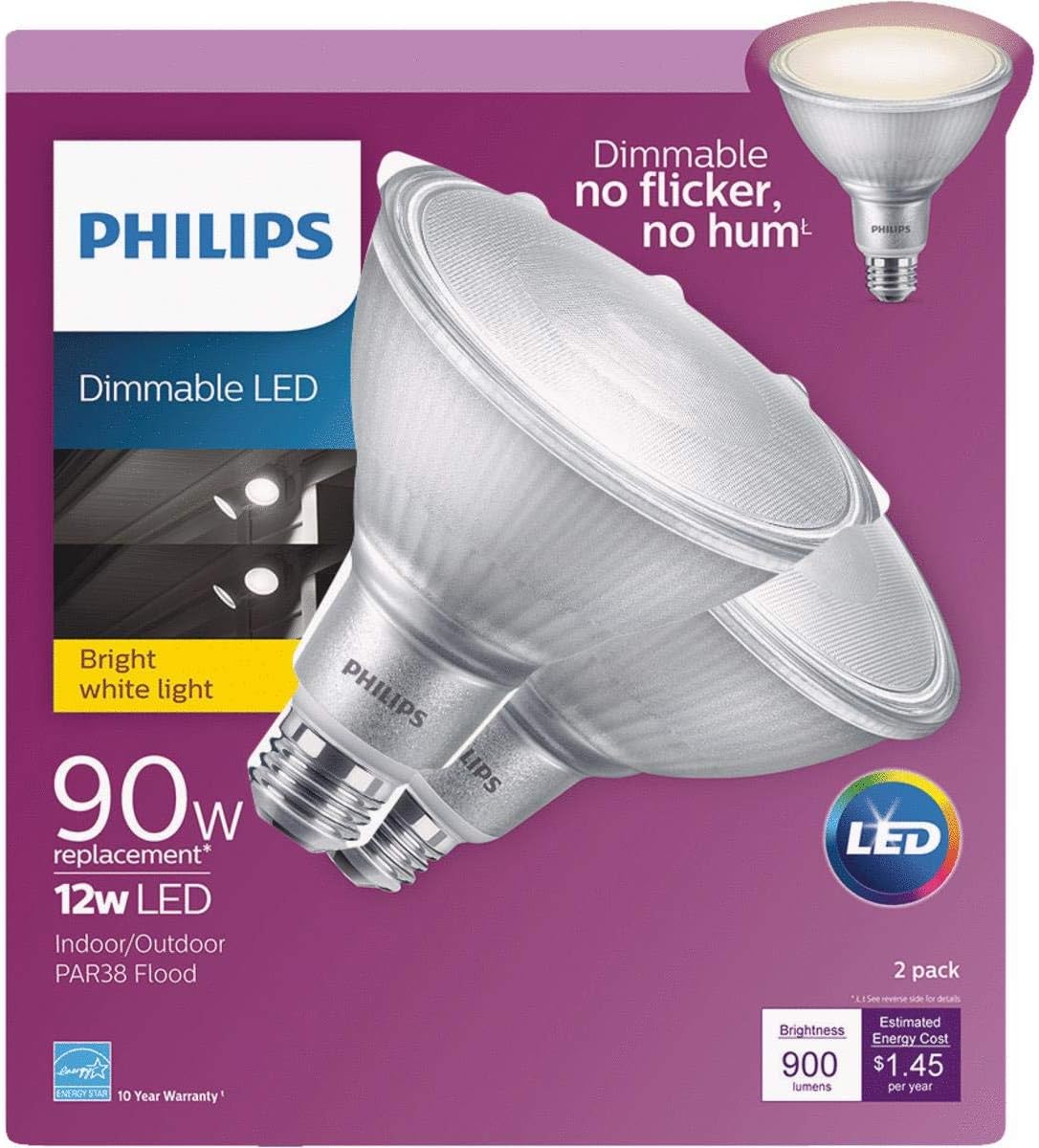 BRAND, CATEGORY, LED BULBS, PHILIPS, Philips LED Indoor/Outdoor Dimmable PAR38 40-Degree Classic Glass Spot Light Bulb: 900-Lumen, 3000-Kelvin, 12-Watt (90-Watt Equivalent), E26 Base, Bright Light, 2-Pack