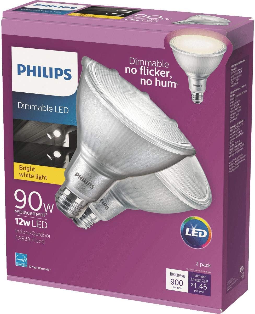 BRAND, CATEGORY, LED BULBS, PHILIPS, Philips LED Indoor/Outdoor Dimmable PAR38 40-Degree Classic Glass Spot Light Bulb: 900-Lumen, 3000-Kelvin, 12-Watt (90-Watt Equivalent), E26 Base, Bright Light, 2-Pack