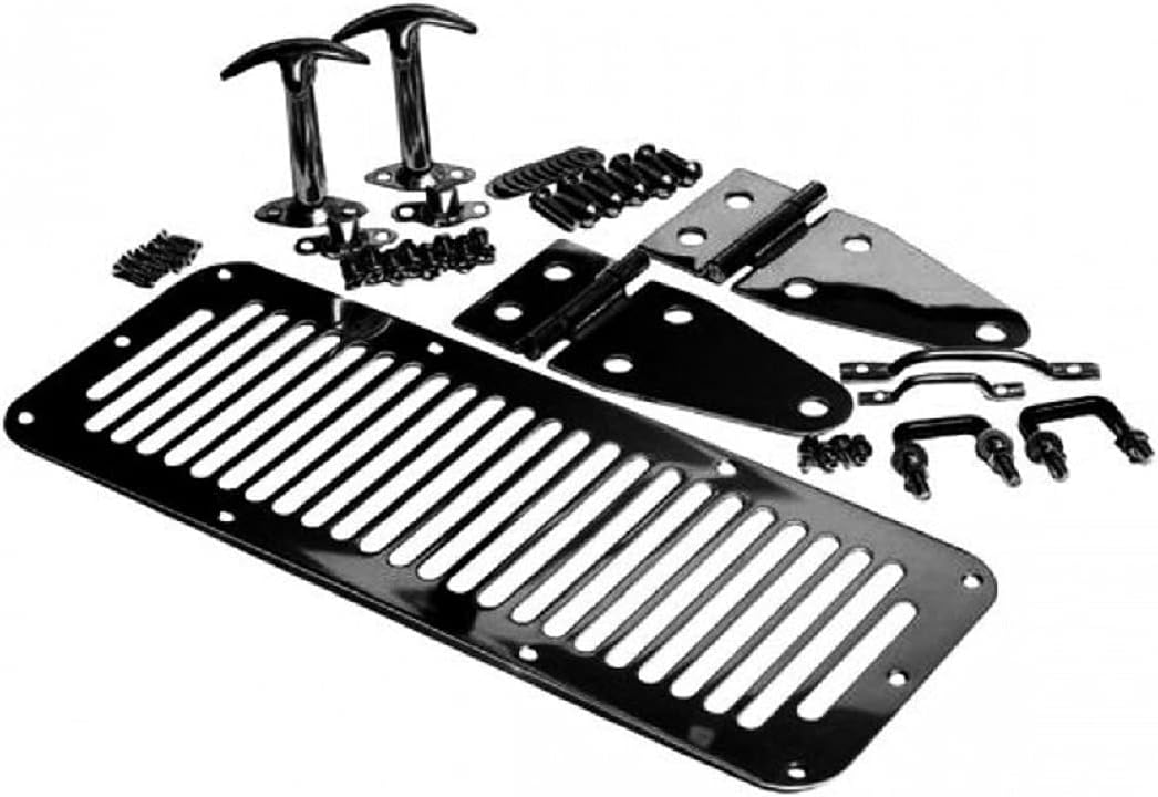 BRAND, CATEGORY, HOODS, RAMPAGE PRODUCTS, RAMPAGE PRODUCTS Complete Hood Kit for Jeep Wrangler/CJ | Hood Stops, Hinges, Vent, Footman Loop, and Windshield Tie Downs, Steel, Black | 7699 | Fits 1987-1995 Jeep Wrangler YJ