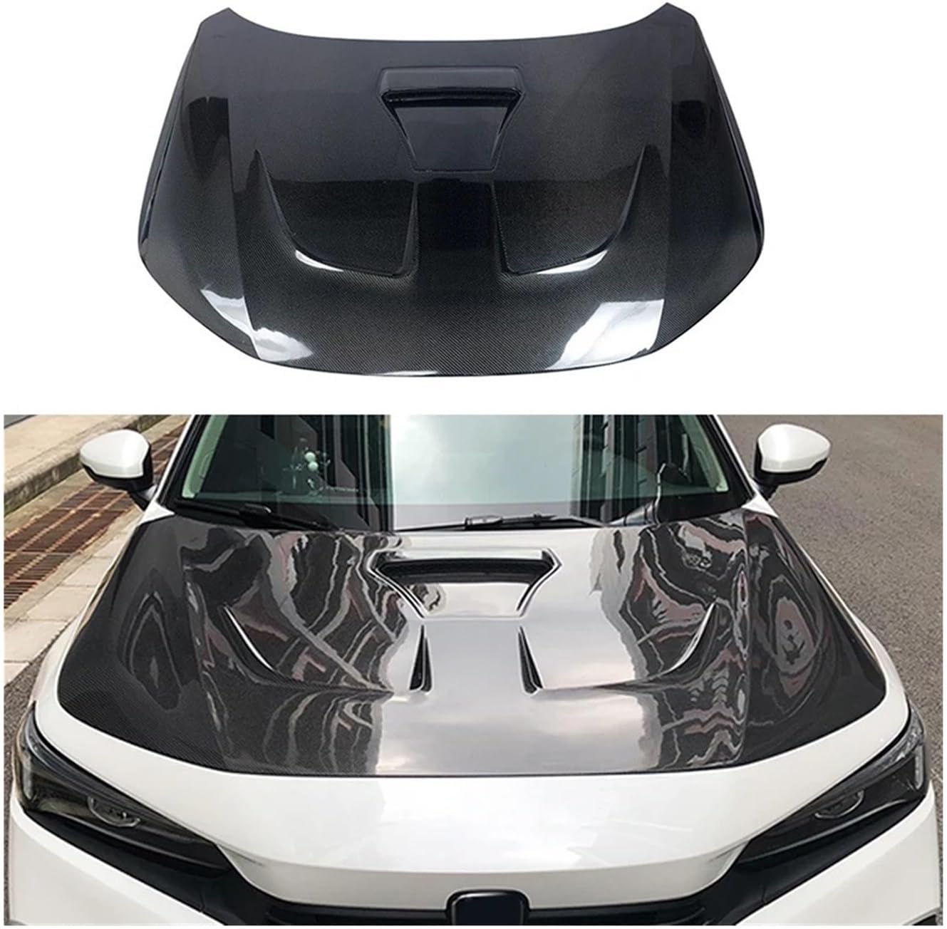 BRAND, CATEGORY, DFKAHF, HOODS, RR Style Carbon Fiber Fibre Front Engine Bonnet Vented Hood Compatible for Civic 11Th FE1 FL1 2022-2024