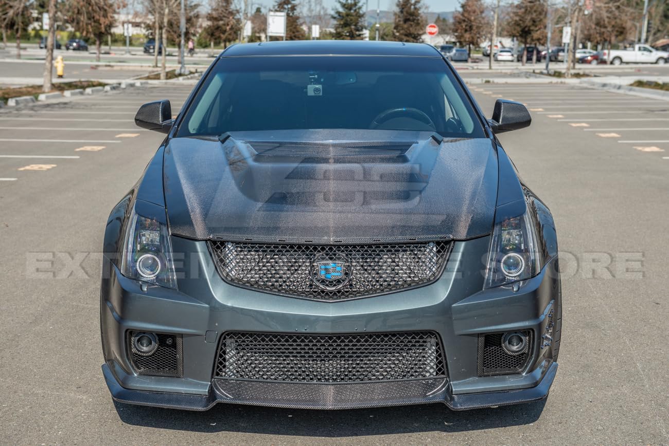 BRAND, CATEGORY, EXTREME ONLINE STORE, HOOD SCOOPS, Replacement For 2009-2015 Cadillac CTS-V Models | Performance Package Fiberglass - Primed Black Replacement Front Middle Vented Scoop Extractor Front Bumper Hood Cover