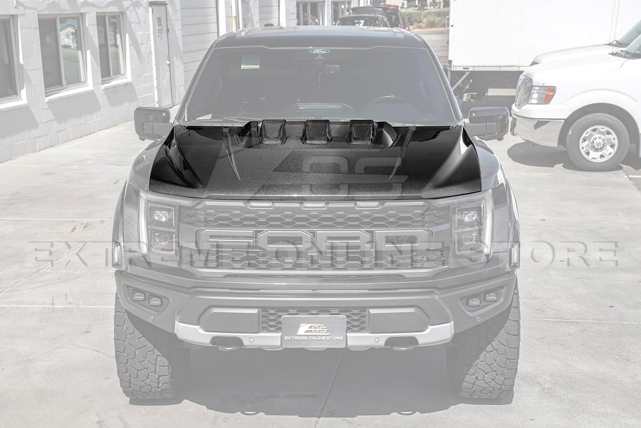 BRAND, CATEGORY, EXTREME ONLINE STORE, HOODS, Replacement For 2021-Present Ford F-150 Raptor Models | Factory Style Carbon Fiber Replacement Front Bumper Hood With Hood Scoop Vent Cover