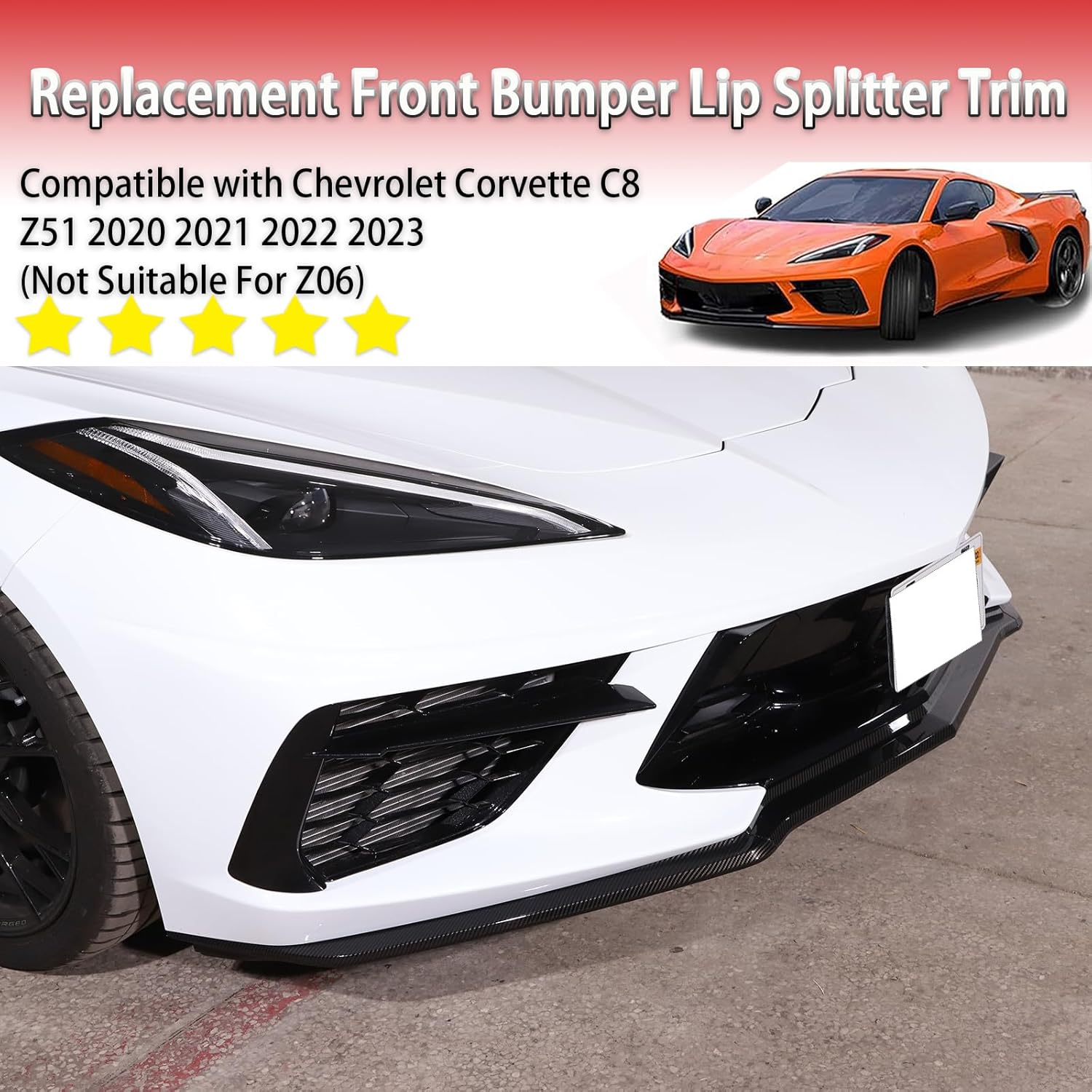 AIR DAMS, BRAND, CATEGORY, SEKHYNA, Replacement Front Bumper Lower Lip Splitter Compatible with Chevrolet Corvette C8 GM Z51 2020 2021 2022 2023 ABS Plastic 3PCS Front Bumper Air Intake Lower Lip Protection Trim Spoiler (ABS Carbon)