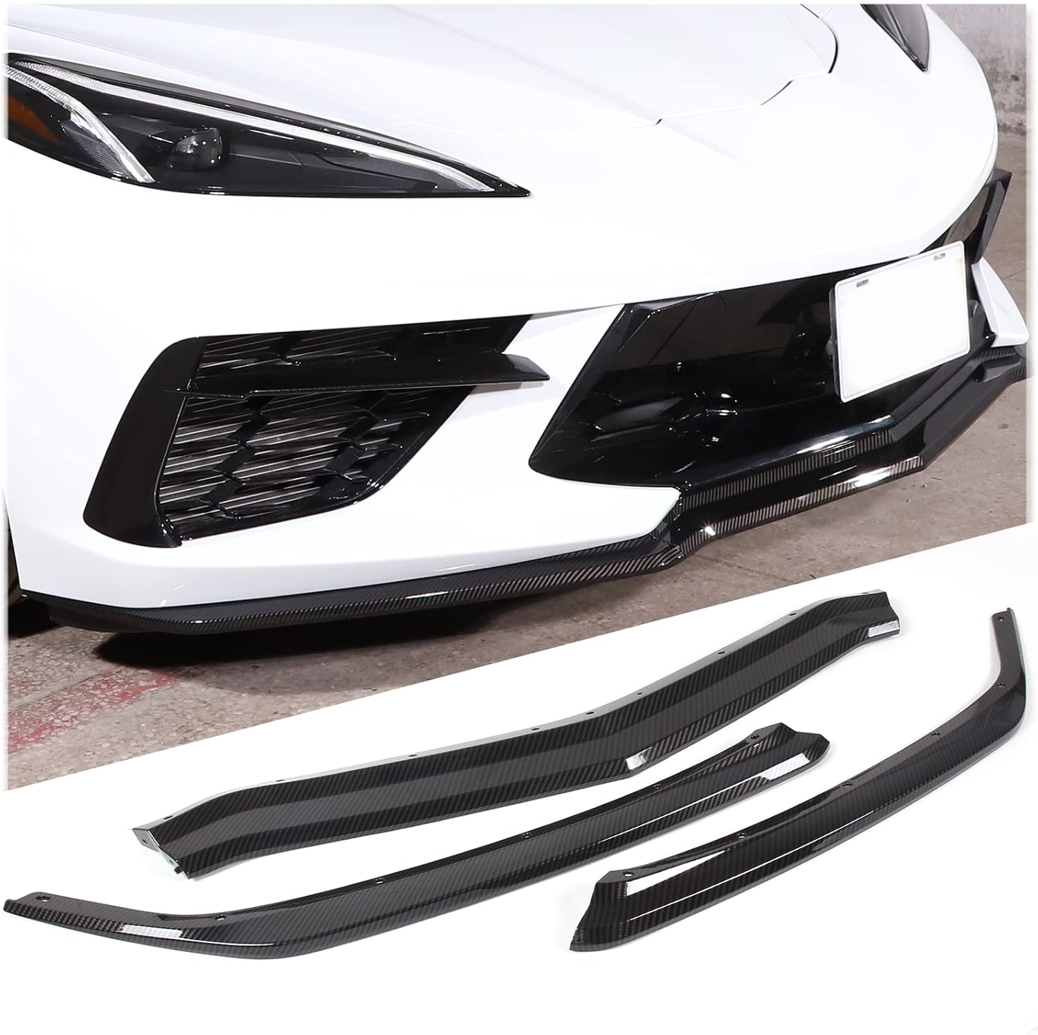 AIR DAMS, BRAND, CATEGORY, SEKHYNA, Replacement Front Bumper Lower Lip Splitter Compatible with Chevrolet Corvette C8 GM Z51 2020 2021 2022 2023 ABS Plastic 3PCS Front Bumper Air Intake Lower Lip Protection Trim Spoiler (ABS Carbon)