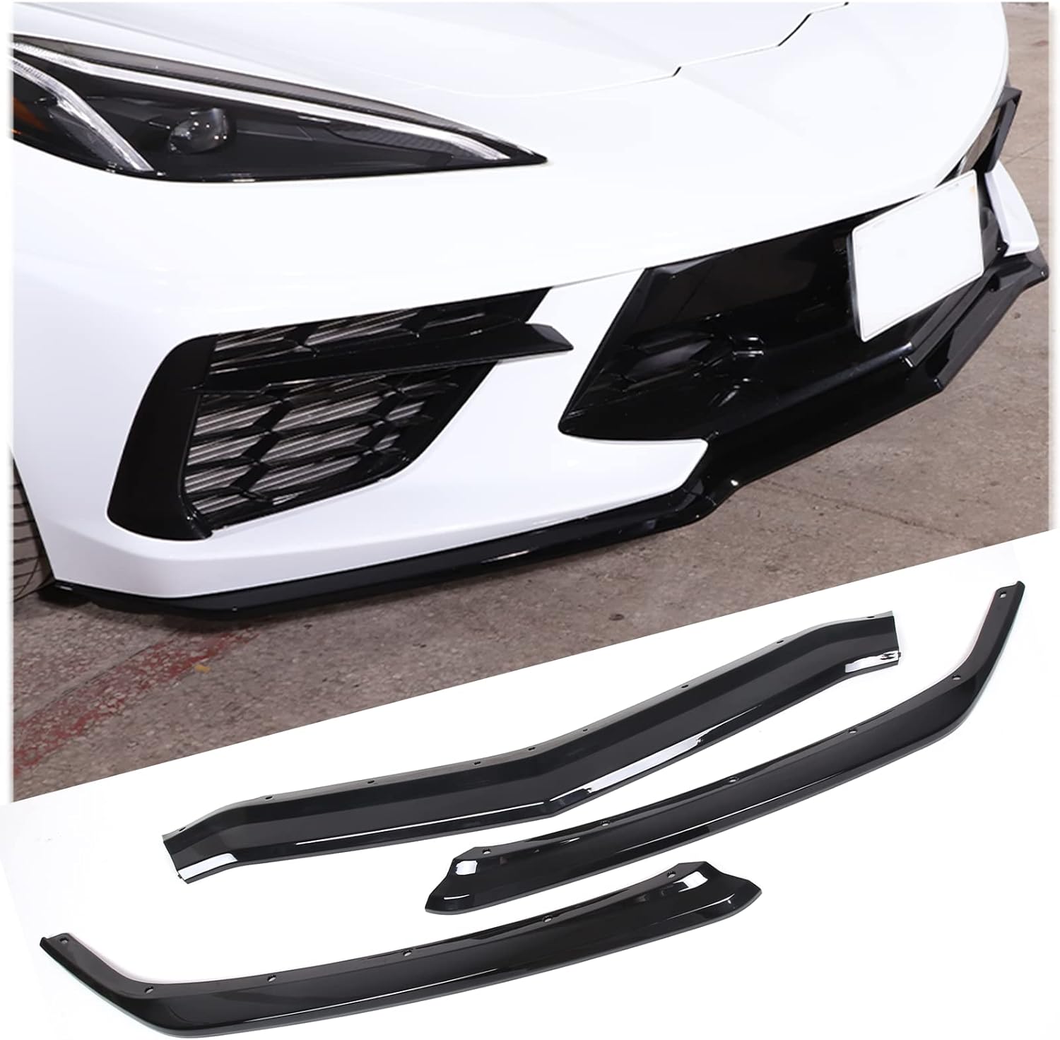 AIR DAMS, BRAND, CATEGORY, SEKHYNA, Replacement Front Bumper Lower Lip Splitter Compatible with Chevrolet Corvette C8 GM Z51 2020-2024 ABS Plastic 3PCS Front Bumper Air Intake Lower Lip Protection Trim Spoiler (Glossy Black)