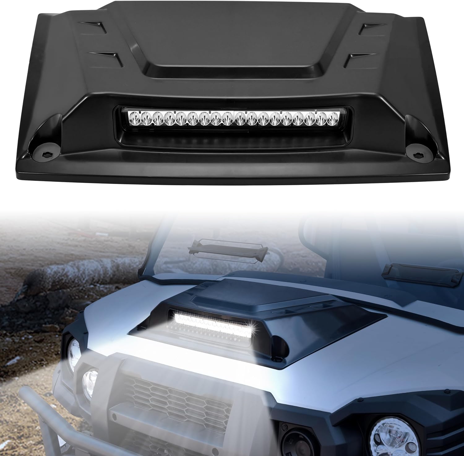 BRAND, CATEGORY, HOOD SCOOPS, SAUTVS, SAUTVS Sport Hood Scoop with LED Spotlight for Kawasaki Mule Pro, Hood Scoop with LED Auxiliary Light Kit for Kawasaki Mule Pro FXT DXT DX FX 2015-2024 Accessories