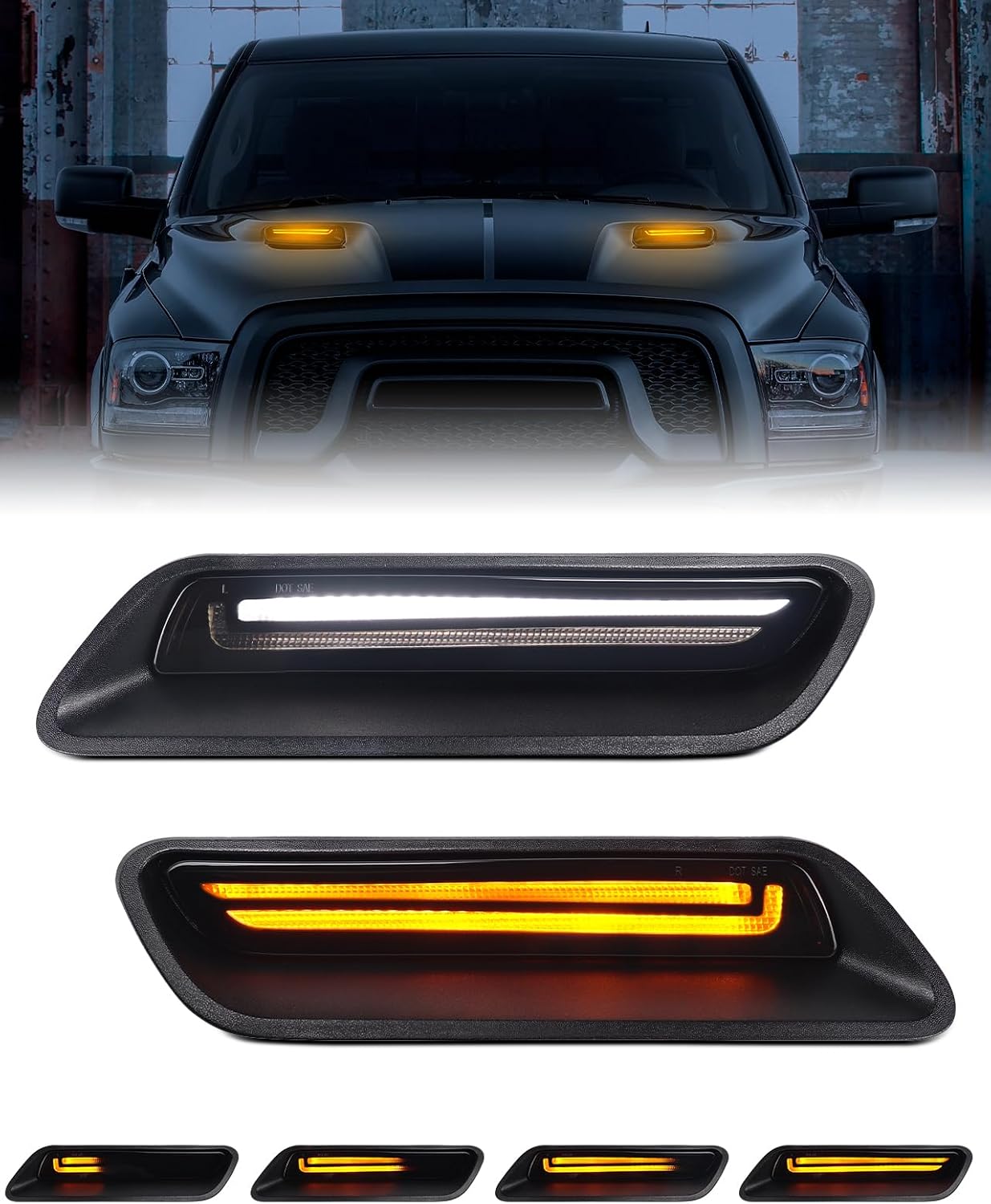 BRAND, CATEGORY, HOOD SCOOPS, PWOBVZ, Switchback LED Vent Hood Scoop Light for 2010-2018 Ram 1500, 2019-2022 Ram 1500 Classic Smoked Lens Sequential Amber Turn Signal White DRL Positon Lights Hood Bezel Trim Replacement, pack of 2