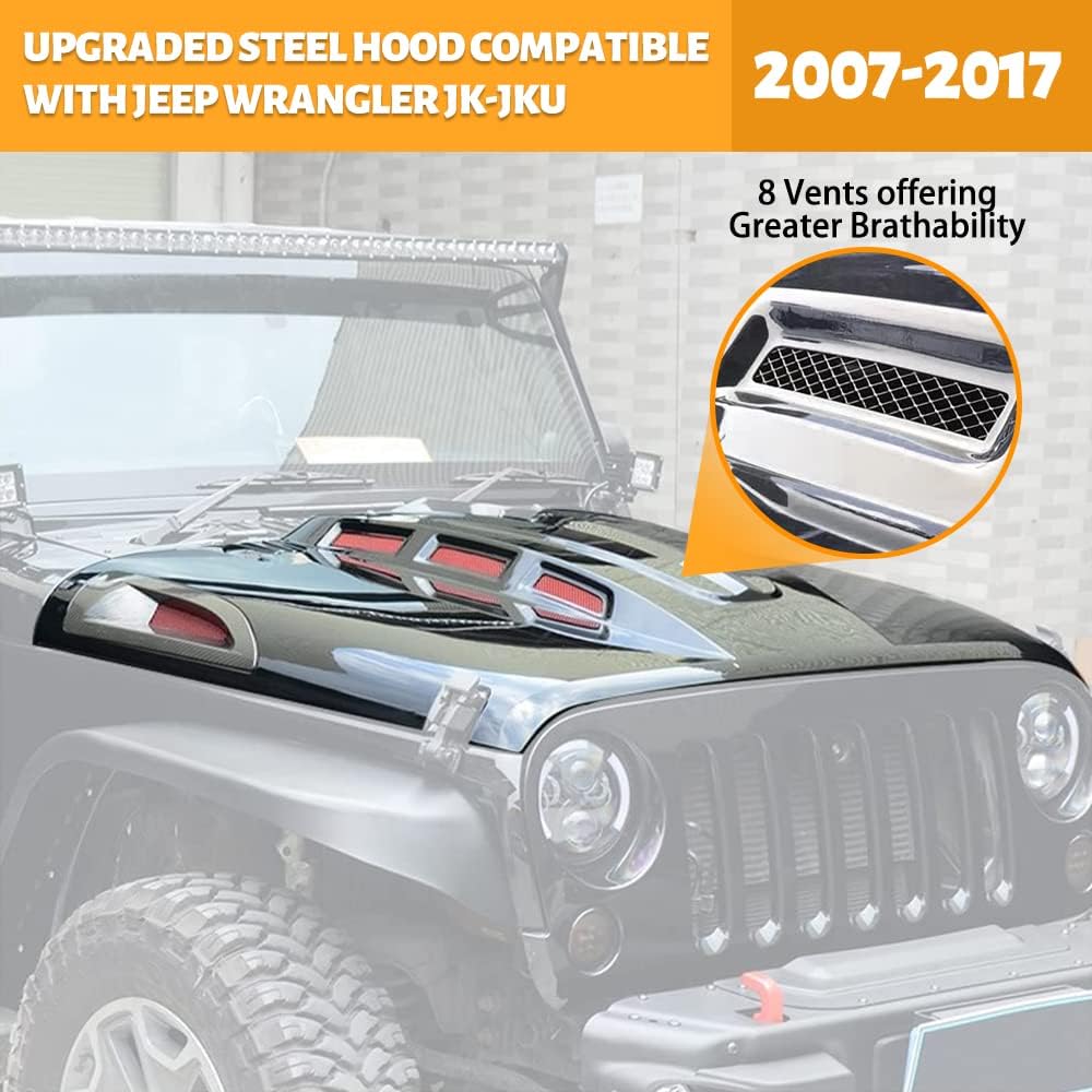 AL4X4, BRAND, CATEGORY, HOODS, The Avenger Style Replacement Hood Compatible with 2007-2018 Jeep Wrangler JK JKU Unlimited Rubicon, Black