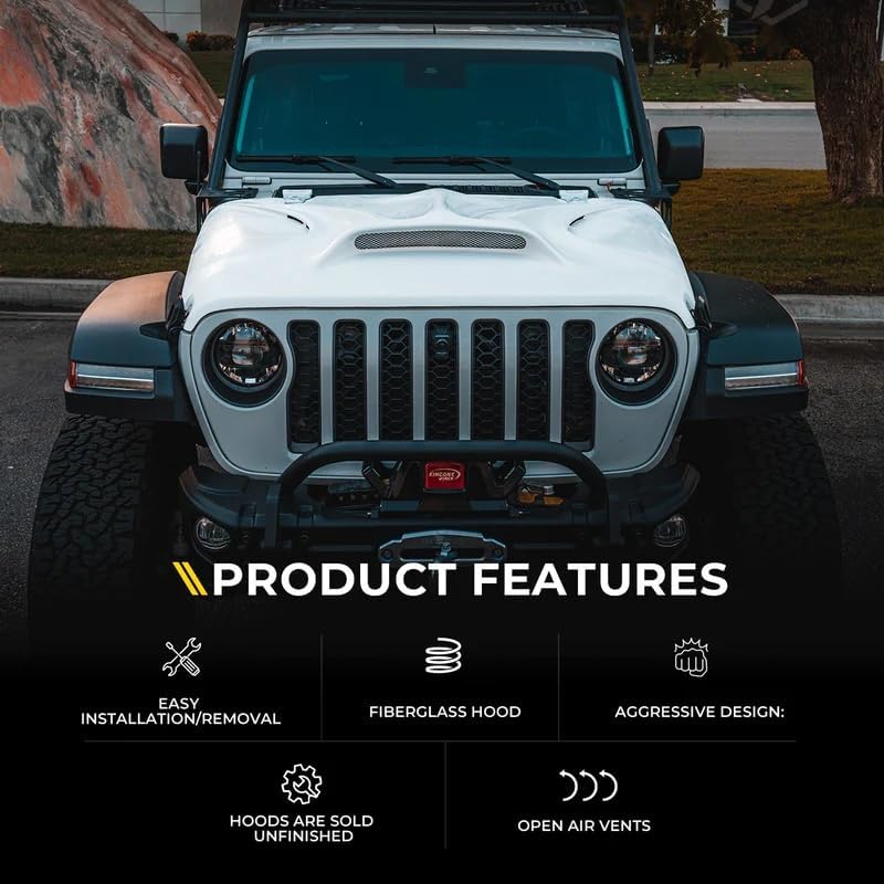 BRAND, CATEGORY, WINDOWS, XPRITE, Xprite Fiberglass Hood with Air Vents, Jeep Wrangler Hood Upgrade for 2018+ Jeep Wrangler JL JLU & 2020+ Jeep Gladiator JT, Enhanced Engine Cooling