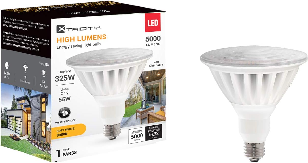 BRAND, CATEGORY, LED BULBS, XTRICITY, Xtricity LED PAR38 325 Watt Equivalent (55W) Outdoor Flood Light Bulb, 5000 Lumens, 3000K Soft White, E26 Medium Base, 120V